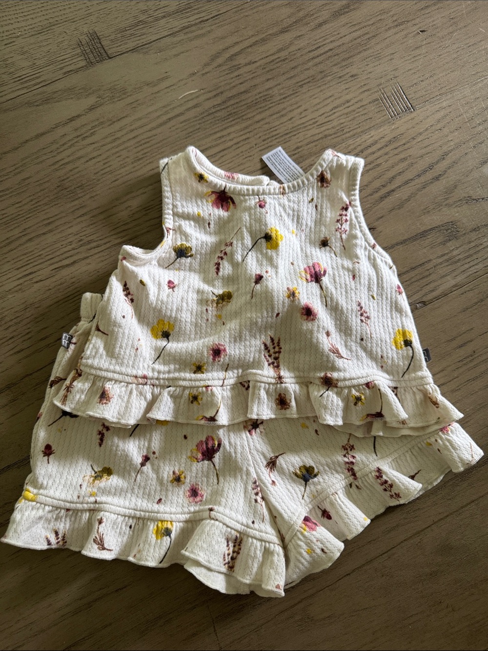 Cream Floral Ruffle Tank & Shorts Set for Girls - Yellow & Pink Flowers